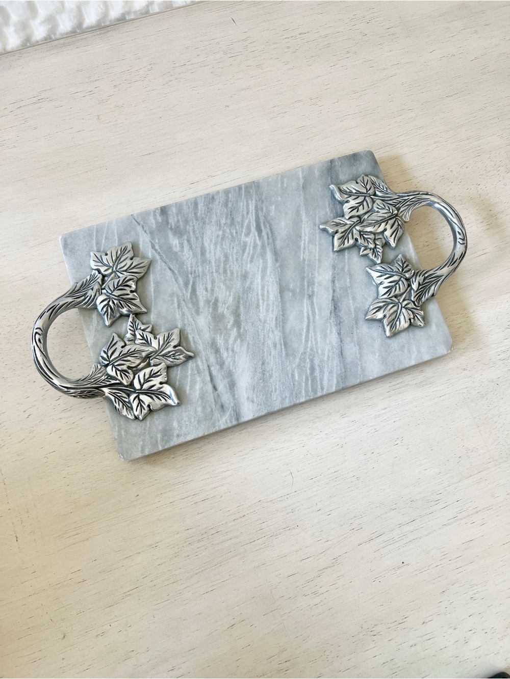 Marble Serving Board with Silver Leaf Handles - Gray